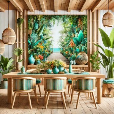 Imagen de un comedor con diseño tropical, con madera natural, vegetación exuberante y colores vibrantes, escogido por Suárez & Co. Interiori