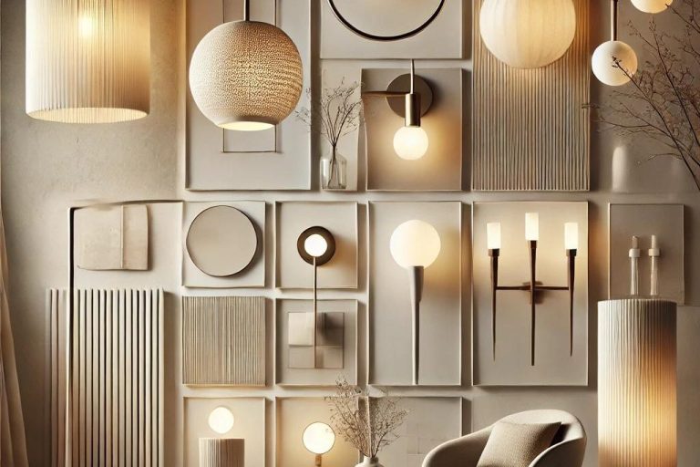 Moodboard de iluminación contemporánea con lámparas modernas y detalles en tonos neutros, ideal para un diseño interior de lujo.