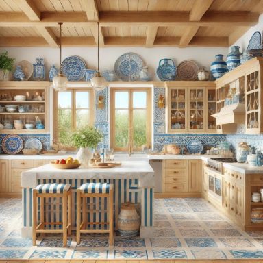 Cocina con gabinetes de madera y acentos azules estilo griego en Mediterráneo.