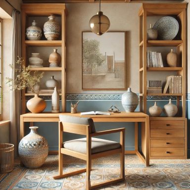 Despacho con muebles de madera y detalles en azul en estilo Mediterráneo.