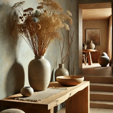 Jarrón cerámico artesanal con flores silvestres sobre una mesa de madera reciclada por Suárez & Co. Interiorismo.