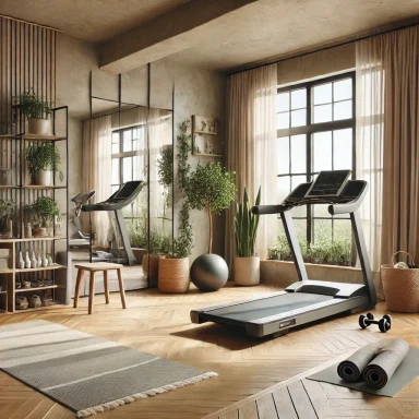 Gimnasio en casa con madera natural y decoración minimalista Suárez & Co. Interiorismo