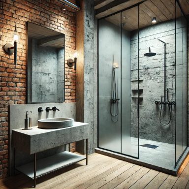 Baño de estilo industrial con paredes de ladrillo visto, lavabo de concreto y ducha con paneles de vidrio