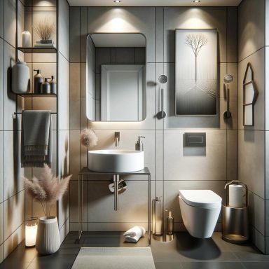 Aseo contemporáneo de diseño minimalista, con lavabo pedestal moderno y materiales orgánicos, creado por Suárez & Co. Interiorismo.