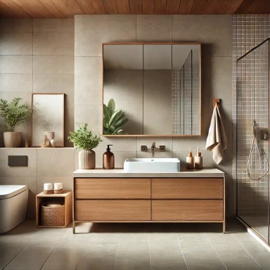 Baño con muebles de madera y decoración natural Suárez & Co. Interiorismo