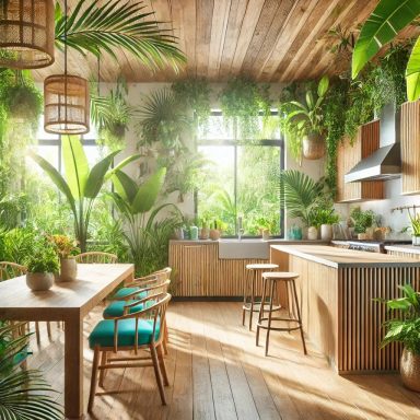  Imagen de una cocina con diseño tropical, con madera natural, vegetación exuberante y colores vibrantes, diseñado por Suárez & Co. Interior