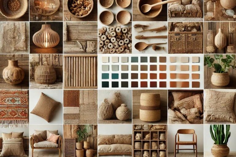 Moodboard que muestra una selección de materiales sostenibles utilizados en el estilo boho, destacando elementos como maderas recicladas, fibras naturales y tejidos orgánicos, cuidadosamente seleccionados por Suarez & Co. Interiorismo para crear espacios con un enfoque ecológico y estéticamente acogedor.