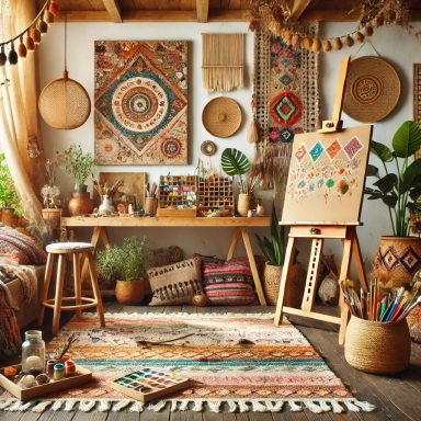 Imagen que muestra un estudio artístico de estilo Boho, con una mezcla ecléctica de patrones, colores y texturas, con materiales naturales 