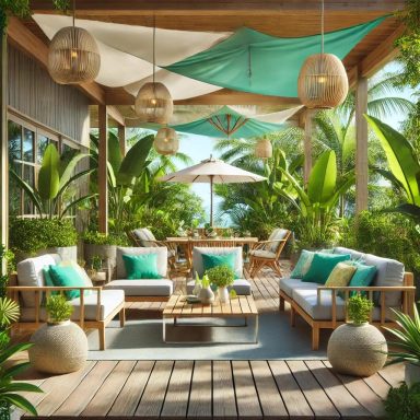 Imagen de un patio exterior con diseño tropical, con madera natural, vegetación exuberante y muebles de bambú, pic by Suárez Interiorismo