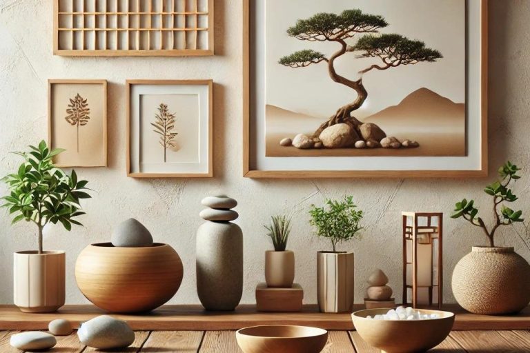 Imagen que muestra la decoración simple y natural en el estilo Zen, incluyendo plantas, piedras y arte minimalista.