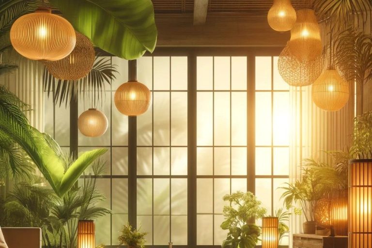  Imagen que representa la iluminación en el estilo Tropical, combinando luz natural a través de grandes ventanales con lámparas de bambú o ratán, diseñado por Suárez & Co. Interiorismo.