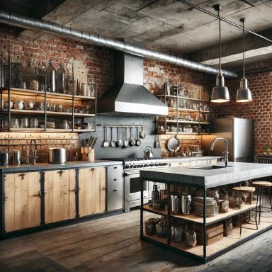 Cocina de estilo industrial con paredes de ladrillo visto, muebles de madera y metal, y electrodomésticos de acero inoxidable