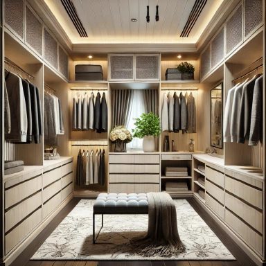 Vestidor contemporáneo en la suite principal con almacenamiento a medida y diseño de lujo. Creado con materiales sostenibles por Suárez & Co