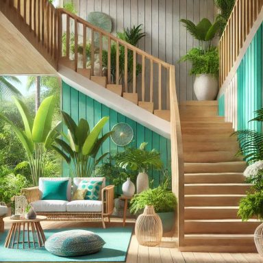 Imagen de una escalera interior con diseño tropical, con madera natural y vegetación exuberante, elegido por Suárez & Co. Interiorismo.