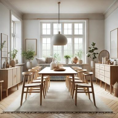 Comedor de estilo escandinavo con muebles minimalistas, elementos de madera natural y una paleta de colores neutros, by Suarez Interiorismo