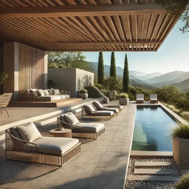 Terraza con piscina y vistas a la montaña, diseño natural Suárez & Co. Interiorismo